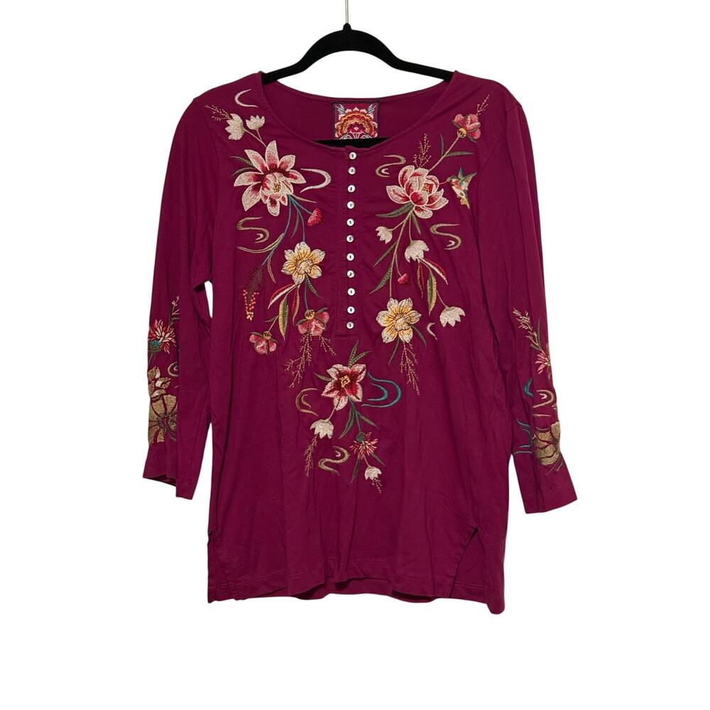 Johnny Was Floral Embroidered Henley Tunic Burgundy Cotton Small NWOT